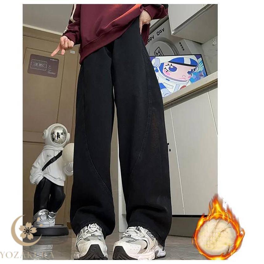 ジーンズ デニムパンツ ワイドパンツ 裏起毛 秋 冬 ゆったり 厚手