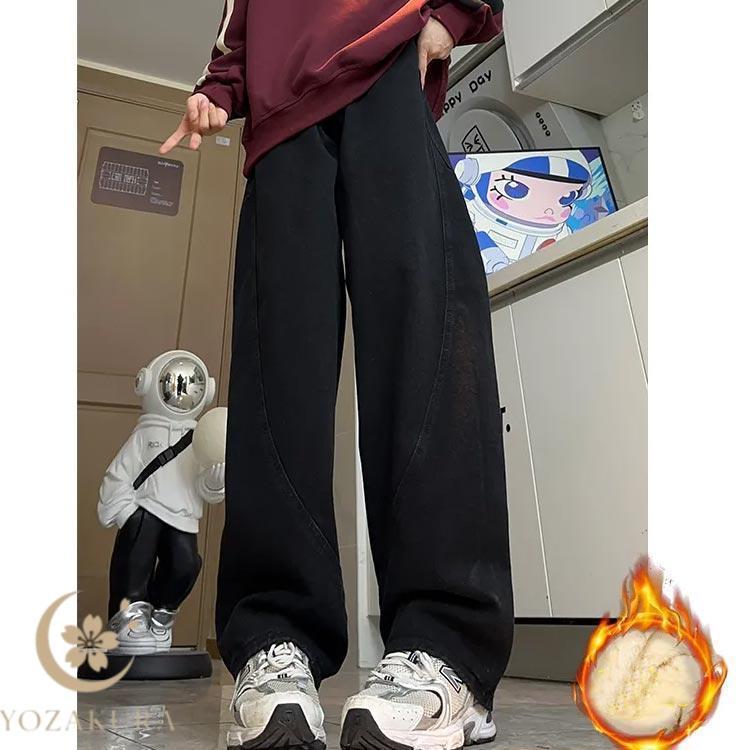 ジーンズ デニムパンツ ワイドパンツ 裏起毛 秋 冬 ゆったり 厚手
