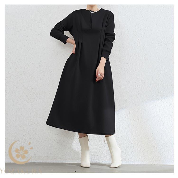 ロング ラウンドネック ハイウエスト ワンピース 長袖 春 裏起毛