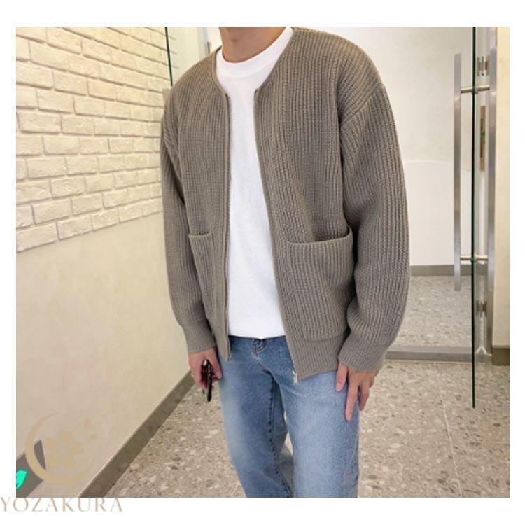 ゴルフニット ボリューム メンズ ジップアップ ノーカラー 春 セーター