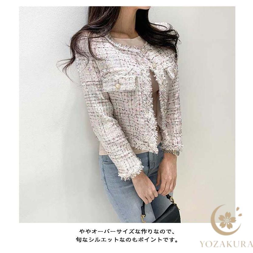 ツイードジャケット レディース 春 秋 冬 白 黒 ショート ノーカラー