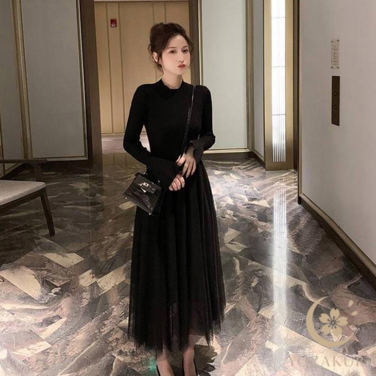 ワンピース レディース 長袖 チュール ロング丈 チュールスカート