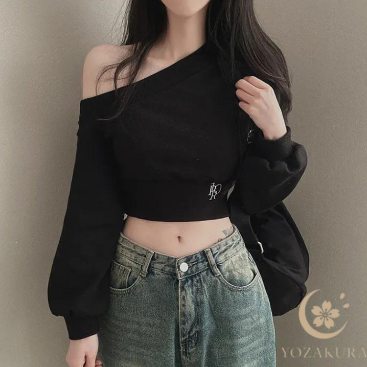 肩出し トップス ショート丈 トレーナー オフショルダー 長袖