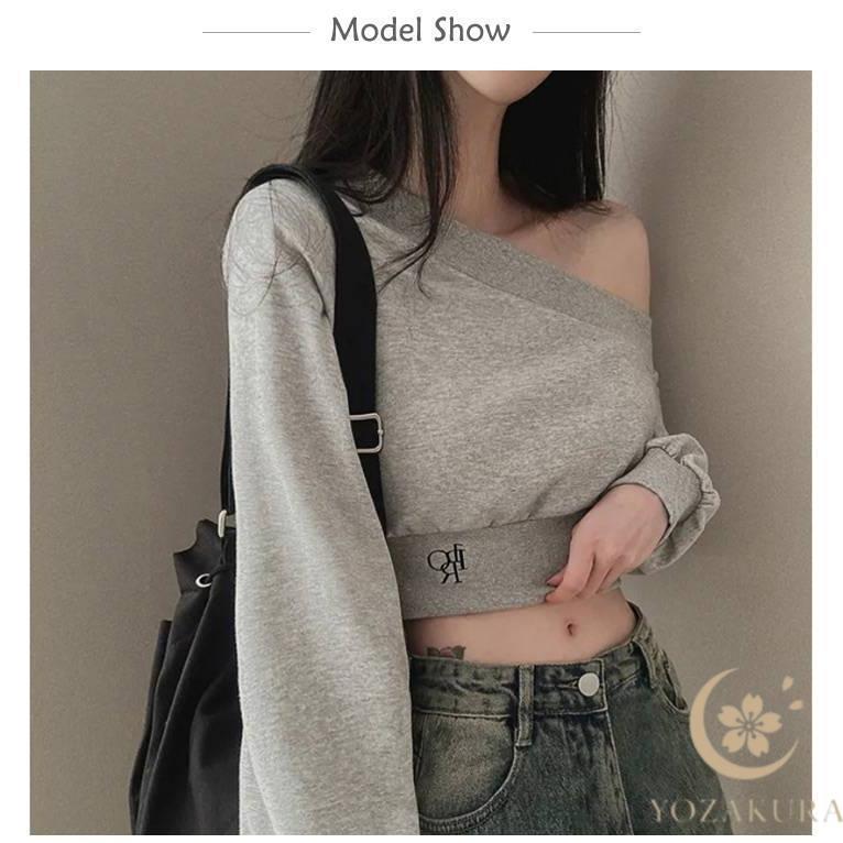 肩出し トップス ショート丈 トレーナー オフショルダー 長袖