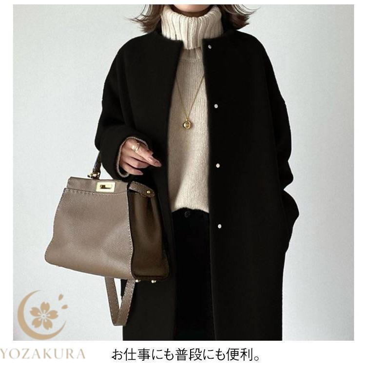 新色新タイプ追加!ノーカラーコート キレイめ クルーネック ロング