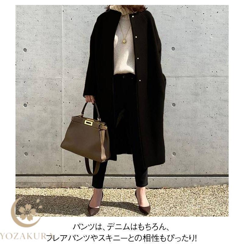 新色新タイプ追加!ノーカラーコート キレイめ クルーネック ロング 