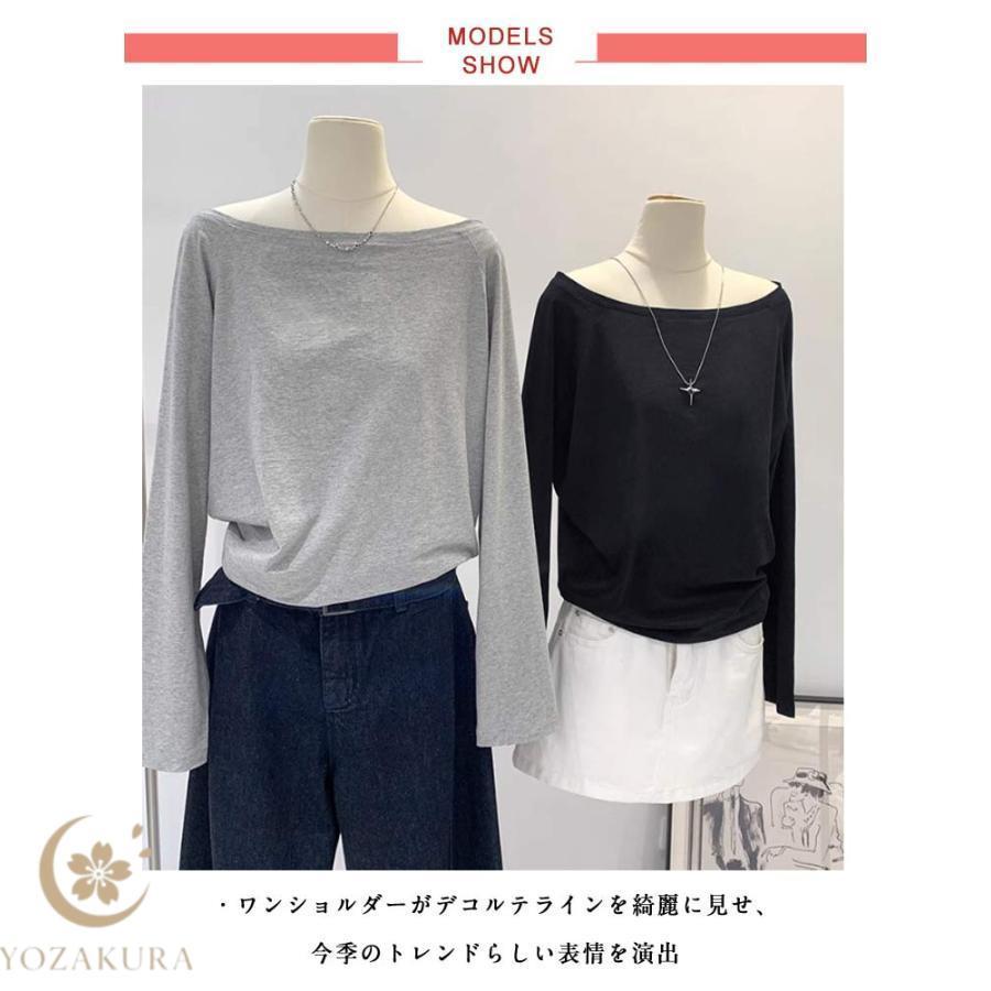 グレー シルク混合 オフショルダー 長袖トップス ワンショルダー オフショルダー Tシャツ 長袖 肩出し トップス