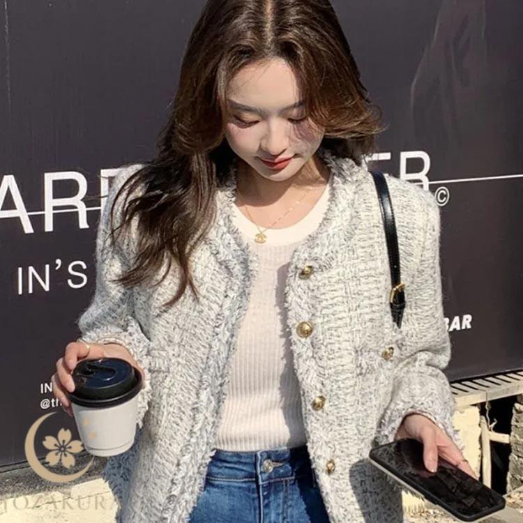 ツイードジャケット ノーカラー 春 秋 ノーカラージャケット