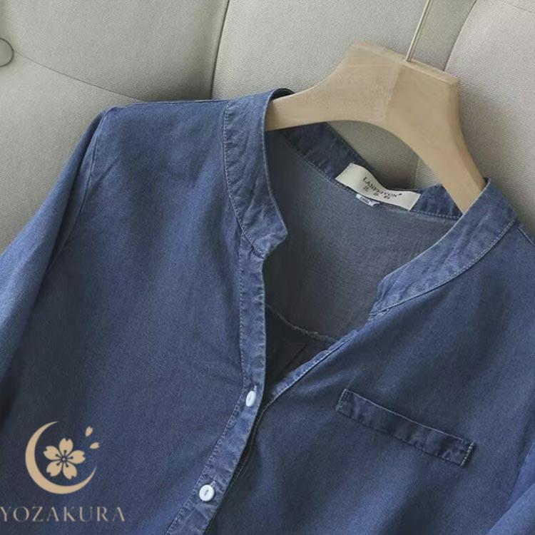 テンセルシャツ 薄手 デニムトップス 七分袖 ゆったり Vネックブラウス