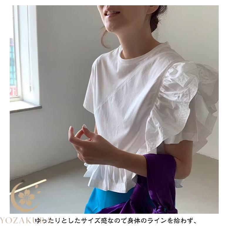 Tシャツ レディース 半袖 フリル袖 無地 トップス プルオーバー