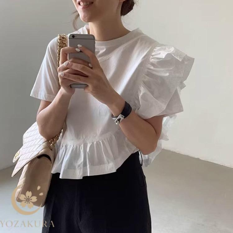 Tシャツ レディース 半袖 フリル袖 無地 トップス プルオーバー