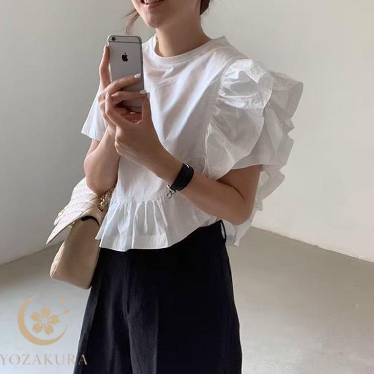 Tシャツ レディース 半袖 フリル袖 無地 トップス プルオーバー