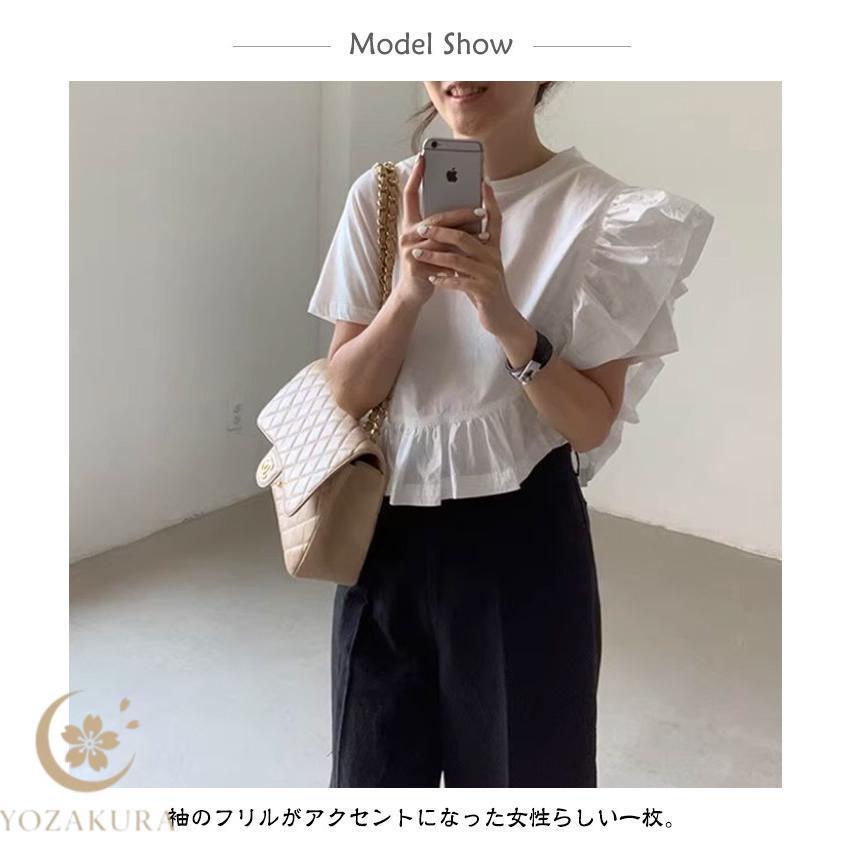 Tシャツ レディース 半袖 フリル袖 無地 トップス プルオーバー