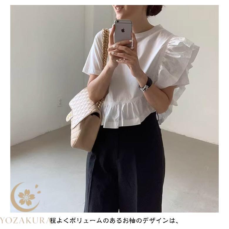Tシャツ レディース 半袖 フリル袖 無地 トップス プルオーバー