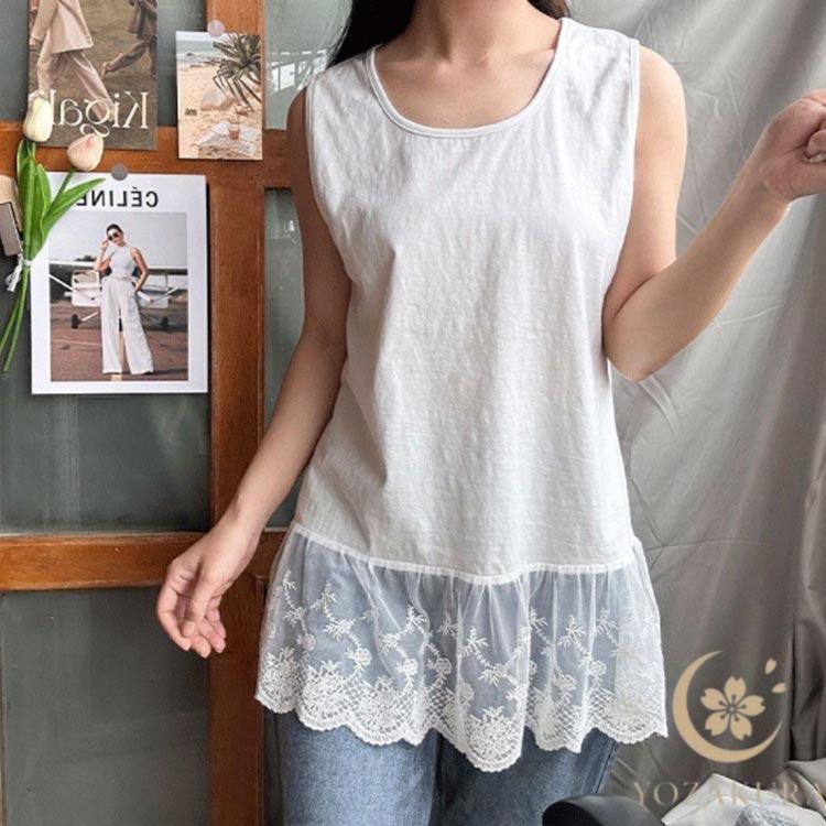 タンクトップ レディース トップス 裾レース レイヤード 重ね着 裾