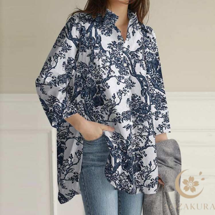 シャツ ブラウス レディース 長袖 花柄 チュニック ロング丈 総柄 襟 