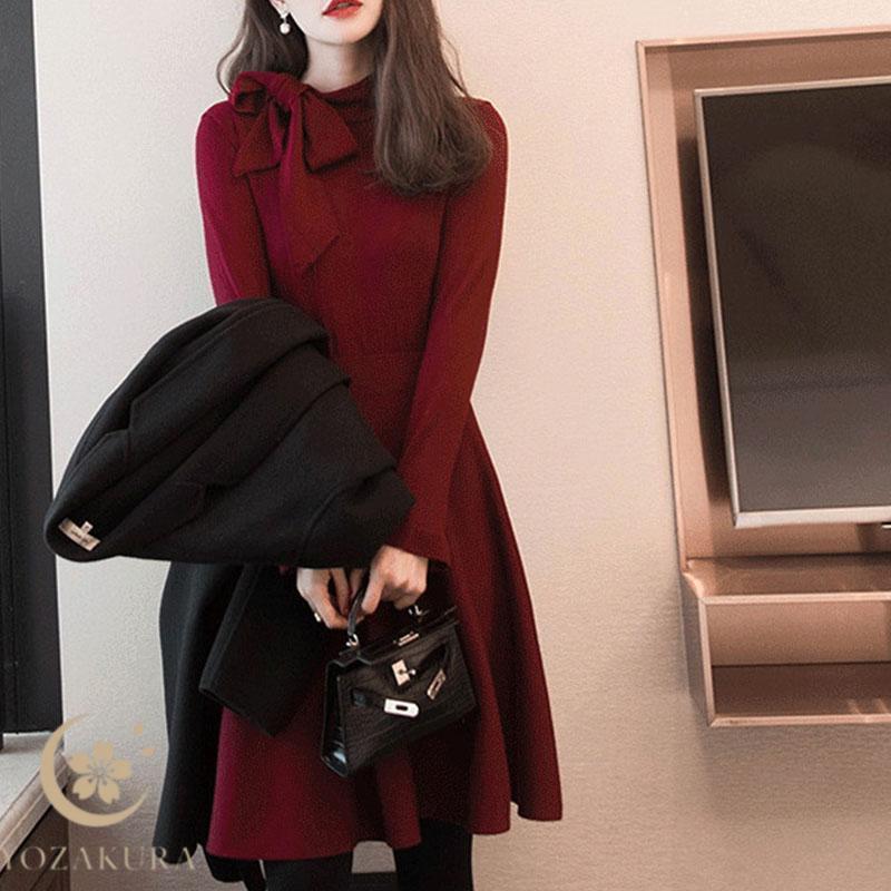 ワンピース 秋服 春 冬 ひざ丈 ニット セーター ドレス レッド