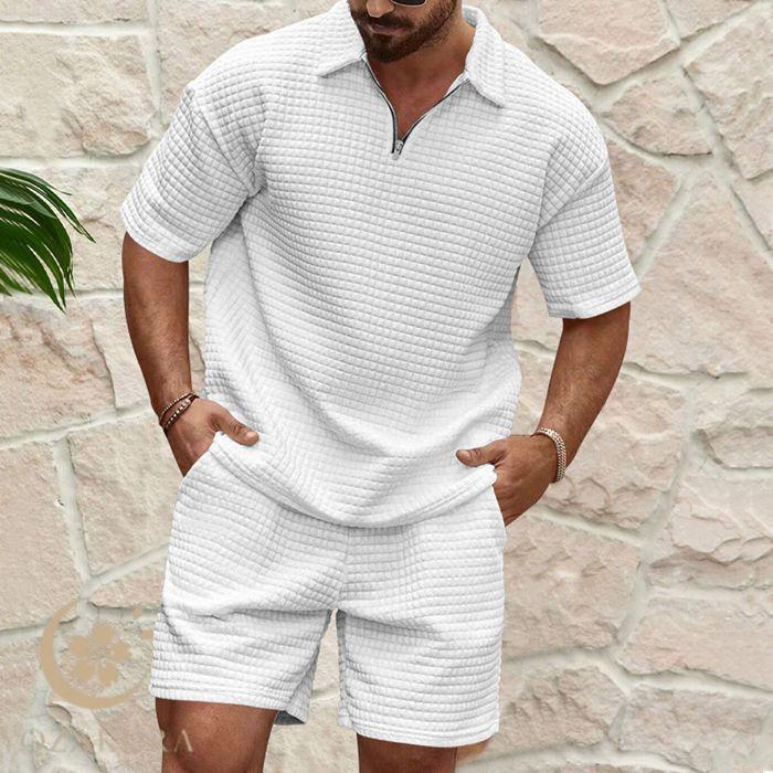 ワッフル 上下セット ハーフジップtシャツ メンズ 夏 夏服セットアップ
