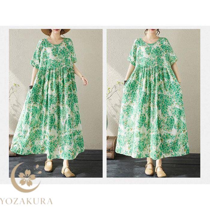 マキシワンピース レディース 半袖 ワンピース ロング丈 夏 綿 麻
