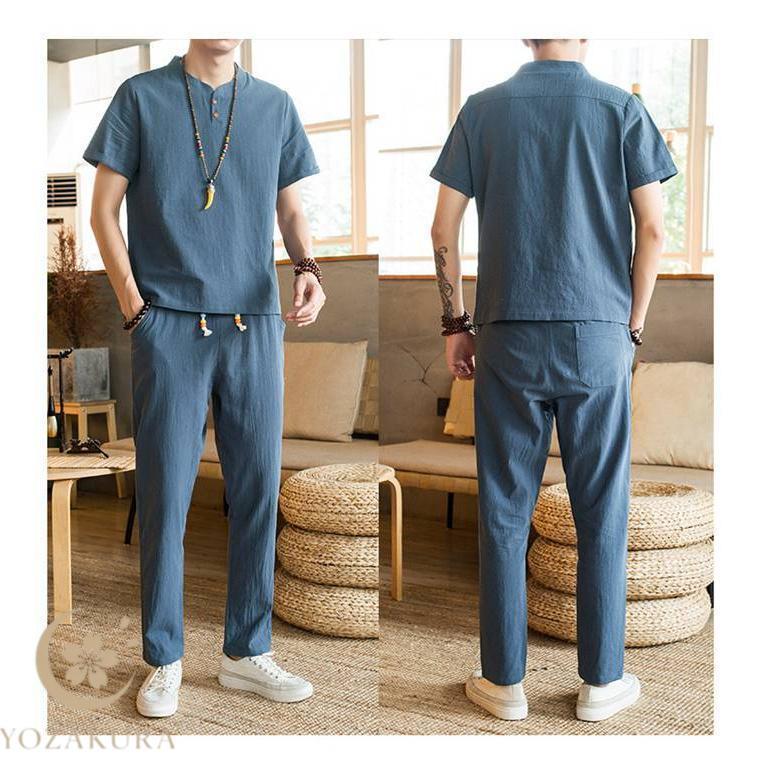 甚平風 上下セット メンズ 綿麻風 夏 セットアップ 半袖 tシャツ 無地