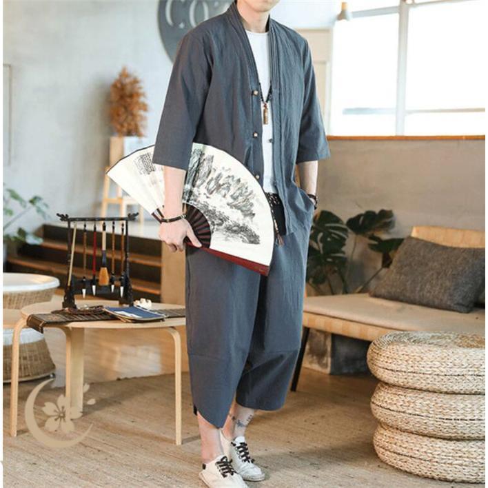 綿麻上下セット セットアップ リネン 夏 半袖 メンズ 甚平風 綿麻