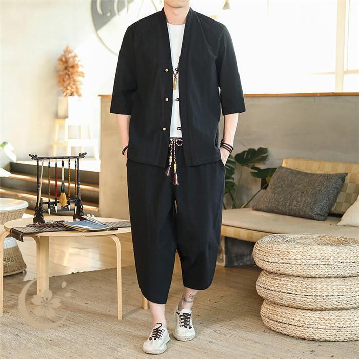 綿麻上下セット セットアップ リネン 夏 半袖 メンズ 甚平風 綿麻