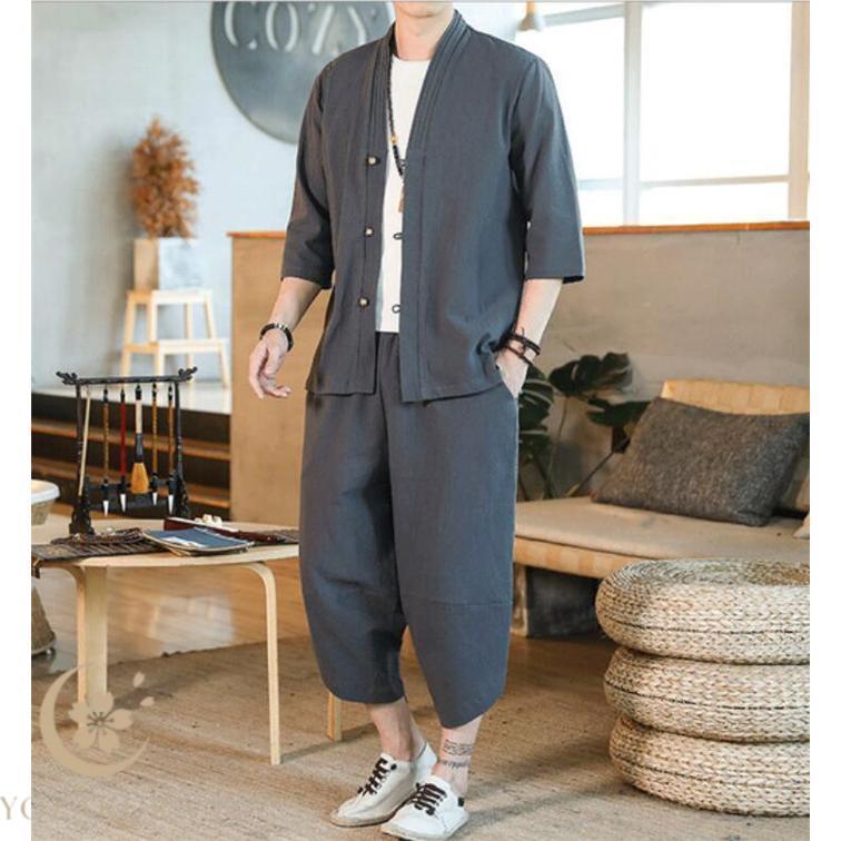 綿麻上下セット セットアップ リネン 夏 半袖 メンズ 甚平風 綿麻