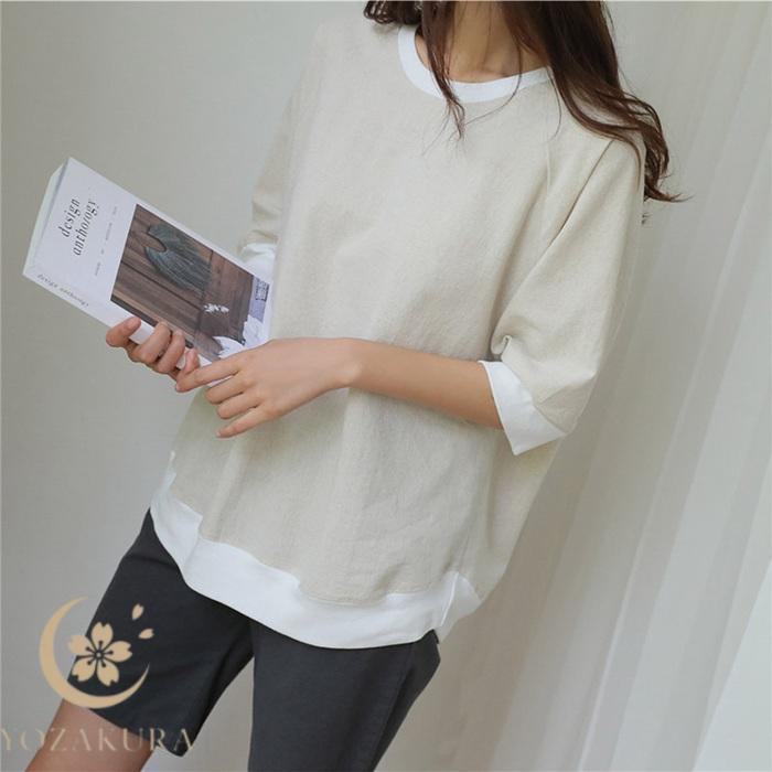 七分袖カットソー レディース 麻 ゆったり Tシャツ 7分袖 トップス