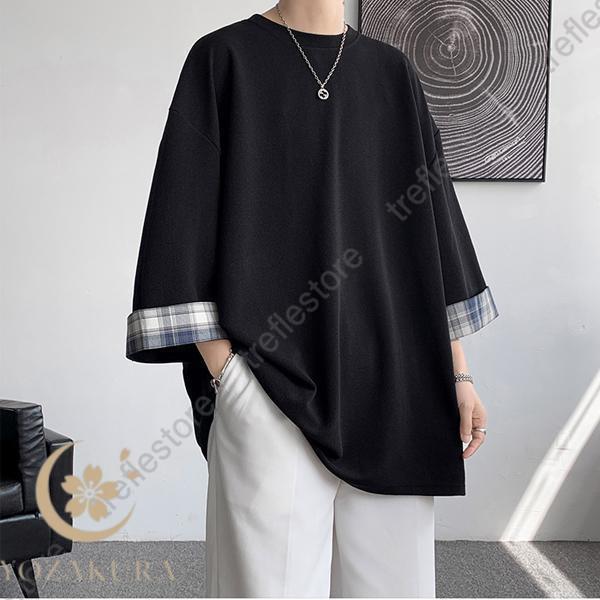 Tシャツ メンズ トップス 七分袖 半袖 ロング 長め ビッグシルエット