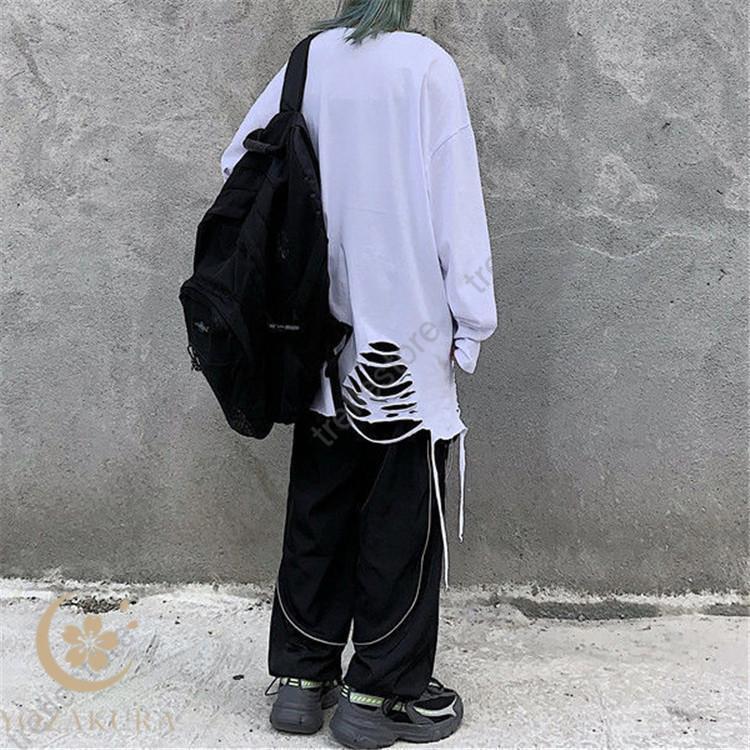 トップス ロングTシャツ ダメージ加工 レディース レイヤード 韓国
