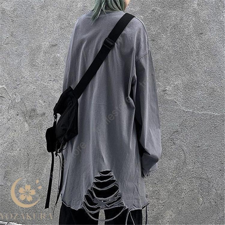 トップス ロングTシャツ ダメージ加工 レディース レイヤード 韓国