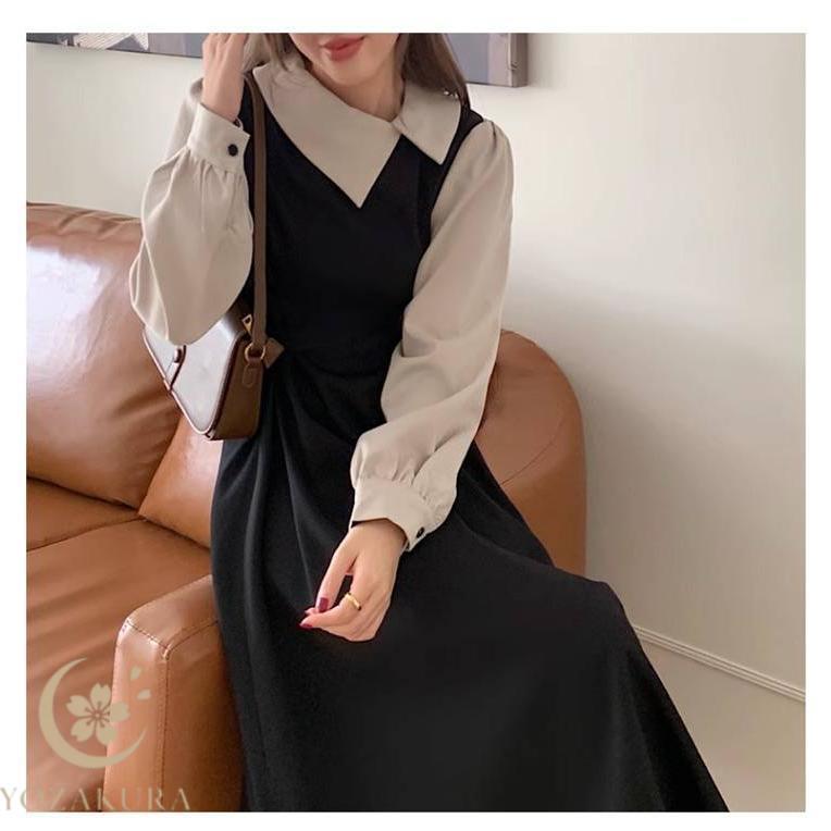 冬 ロングワンピース フェイクセット 切り替え 襟付き 長袖ワンピース 重ね着風 通勤 キレイめ パススリーブ ロング ミモレ 秋 春 20代 重ね着 | ブランド登録なし | 11