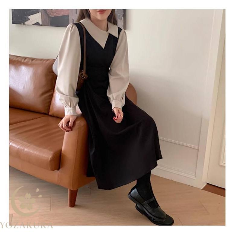 冬 ロングワンピース フェイクセット 切り替え 襟付き 長袖ワンピース 重ね着風 通勤 キレイめ パススリーブ ロング ミモレ 秋 春 20代 重ね着 | ブランド登録なし | 12