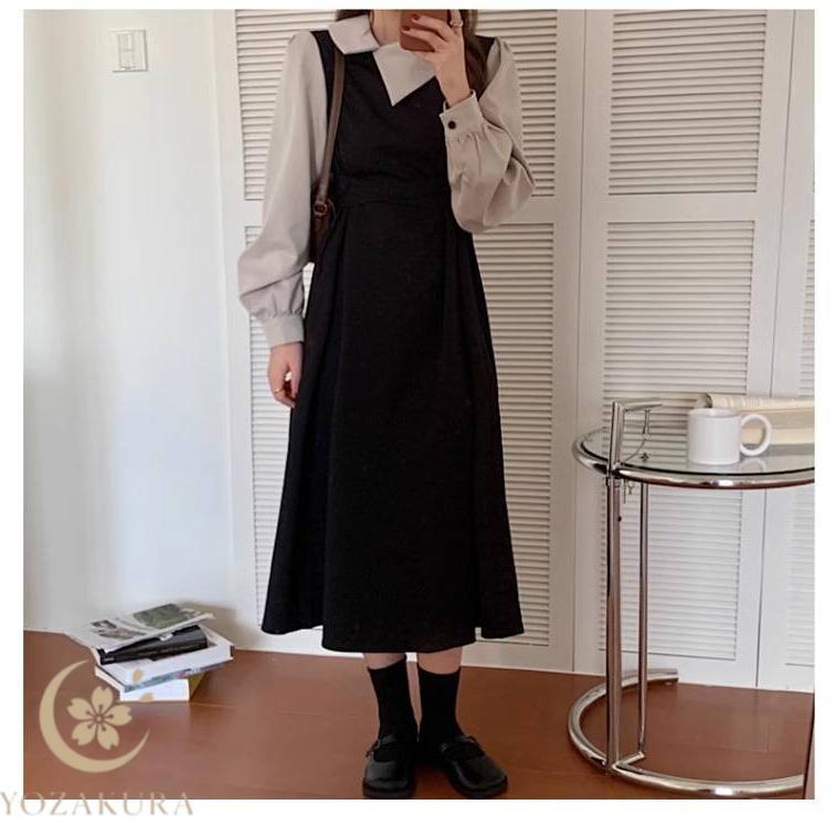 冬 ロングワンピース フェイクセット 切り替え 襟付き 長袖ワンピース 重ね着風 通勤 キレイめ パススリーブ ロング ミモレ 秋 春 20代 重ね着 | ブランド登録なし | 16
