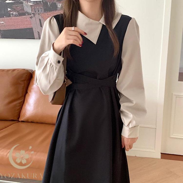 冬 ロングワンピース フェイクセット 切り替え 襟付き 長袖ワンピース 重ね着風 通勤 キレイめ パススリーブ ロング ミモレ 秋 春 20代 重ね着 | ブランド登録なし | 01