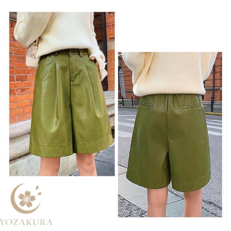 レザー ショートパンツ レディース ハーフパンツ レザーパンツ ワイド