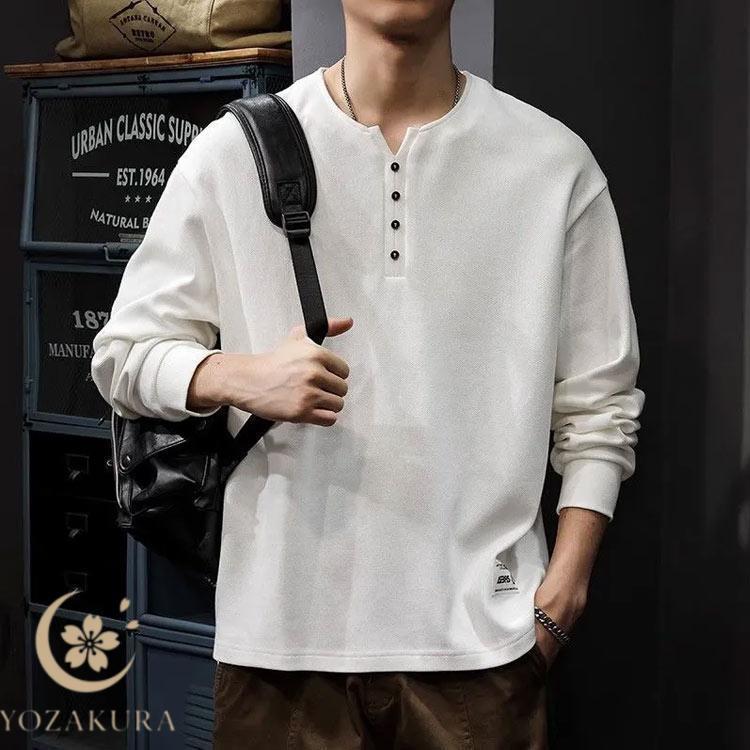 ヘンリーネック 軽い 秋服 tシャツ 快適 メンズ カットソー 長袖