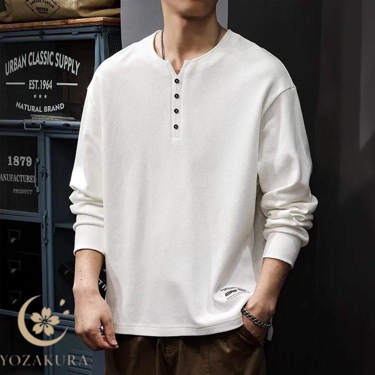ヘンリーネック 軽い 秋服 tシャツ 快適 メンズ カットソー 長袖