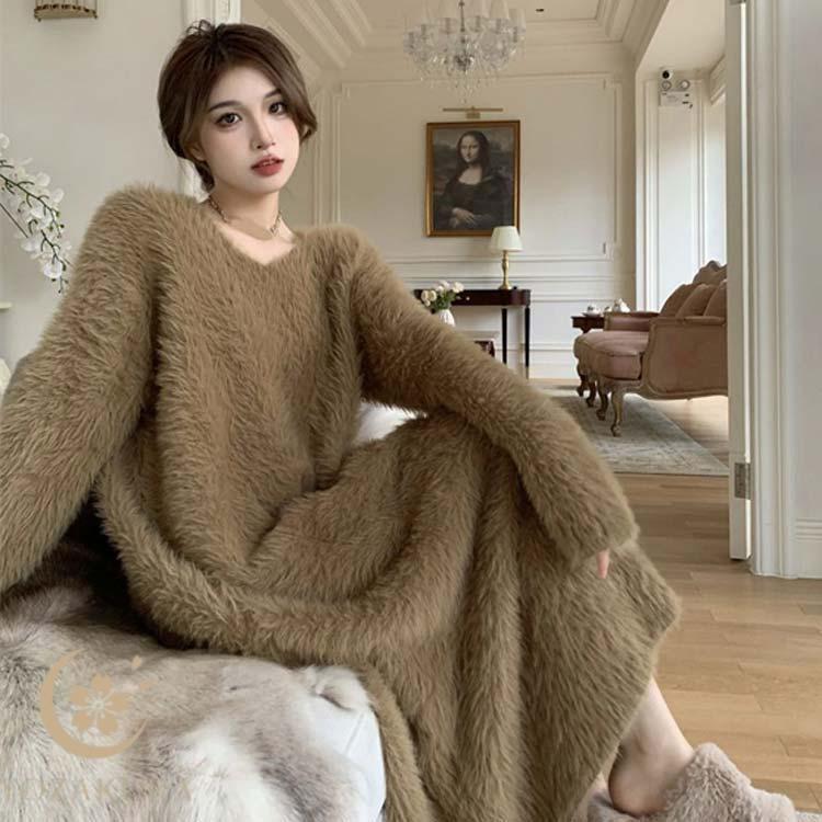 シャギーニット ふわふわ もこもこ マキシ丈 冬 ルームウェア