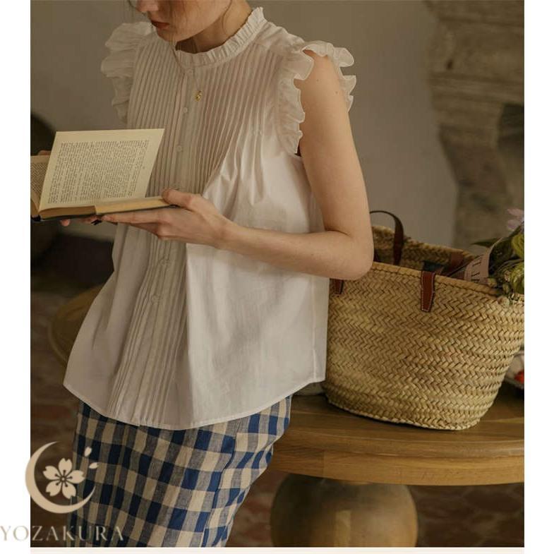 シャツ/ブラウス(半袖/袖なし) shoulder frill top ブラウス レディース ノースリーブ シャツブラウス 春 夏 秋 ス 肩