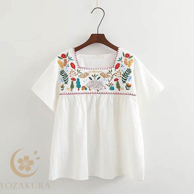 LINKABLE 刺繍 花柄トップス半袖ホワイト フラワー 春夏 セットアップ可 刺繍 ブラウス レディース プルオーバー 綿100% 民族風刺繍 フラワー