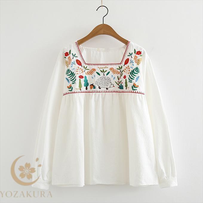 刺繍 ブラウス レディース プルオーバー 綿100% 民族風刺繍 フラワー