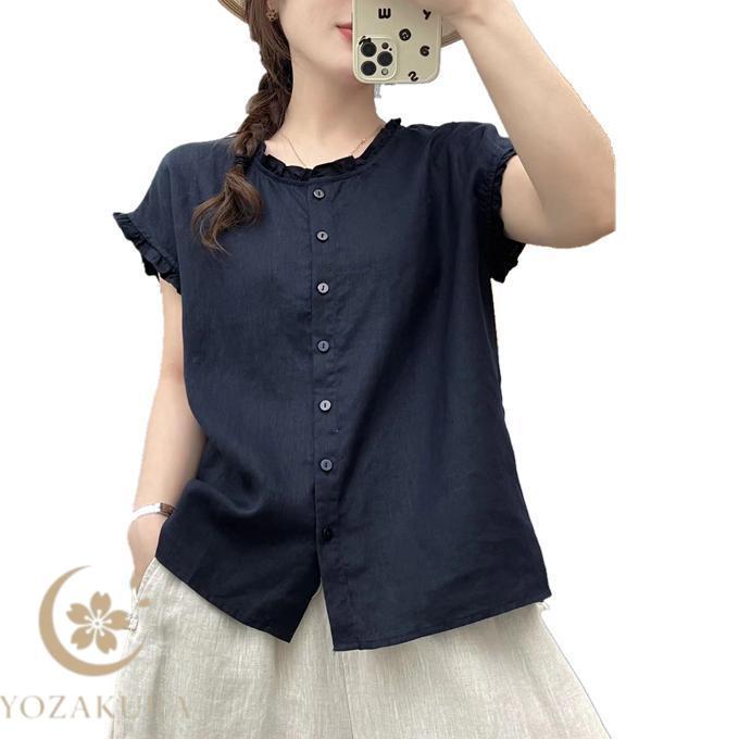 美品＊マガリ リネンフリルブラウス 半袖 ネイビー紺 ゆったり 麻100 洗える リネン100% リネン ノースリーブ フリル ブラウス レディース 夏 M L
