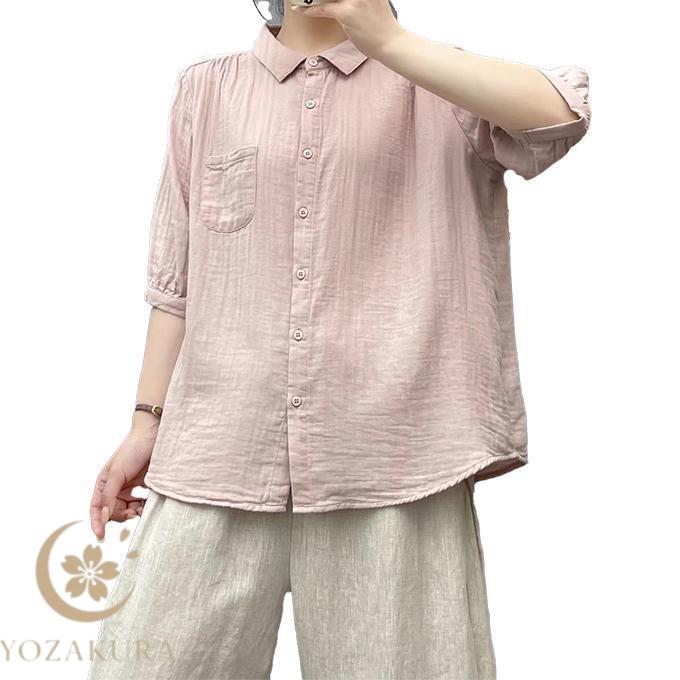 ダブルガーゼ シャツ 5分袖 レディース 綿 春 夏 秋 S M L ハーフ袖 