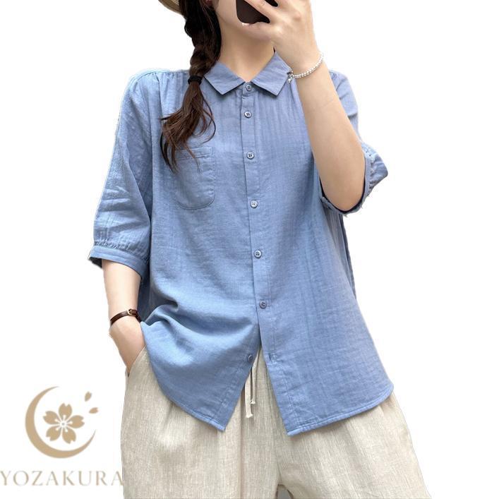 ダブルガーゼ シャツ 5分袖 レディース 綿 春 夏 秋 S M L ハーフ袖
