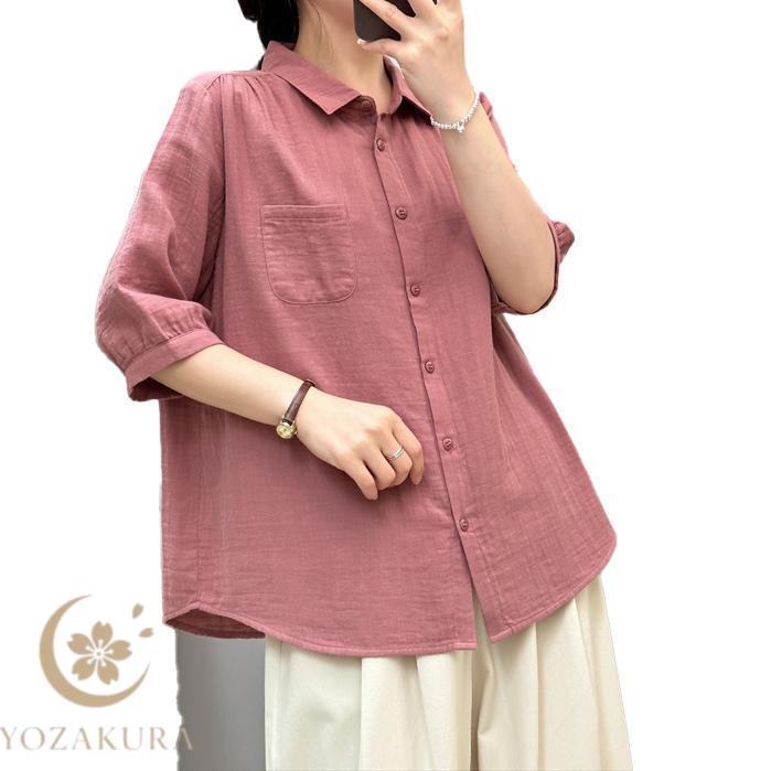 ダブルガーゼ シャツ 5分袖 レディース 綿 春 夏 秋 S M L ハーフ袖