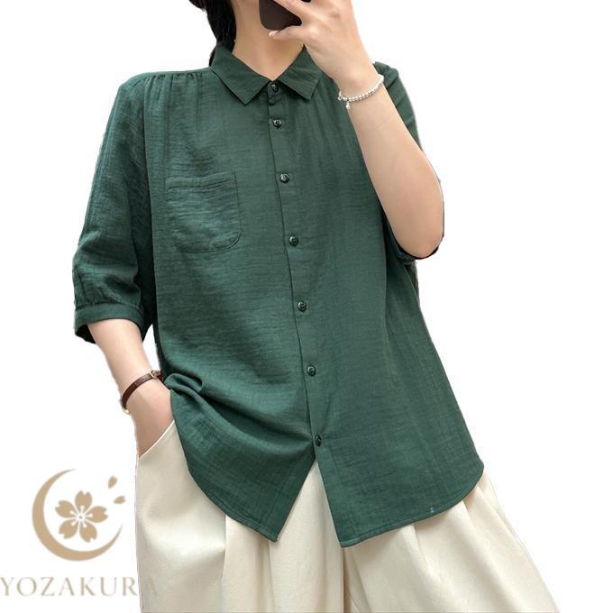 ダブルガーゼ シャツ 5分袖 レディース 綿 春 夏 秋 S M L ハーフ袖
