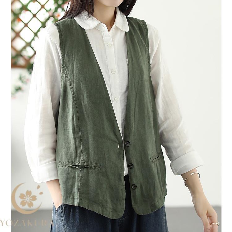 麻ベスト リネン リネン100％ ジレ ベスト レディース 春 夏 秋 薄手