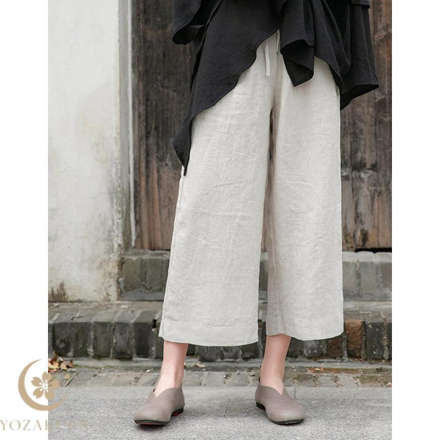綿麻 ワイド ストレート クロップド パンツ レディース 春 夏 7分丈 8