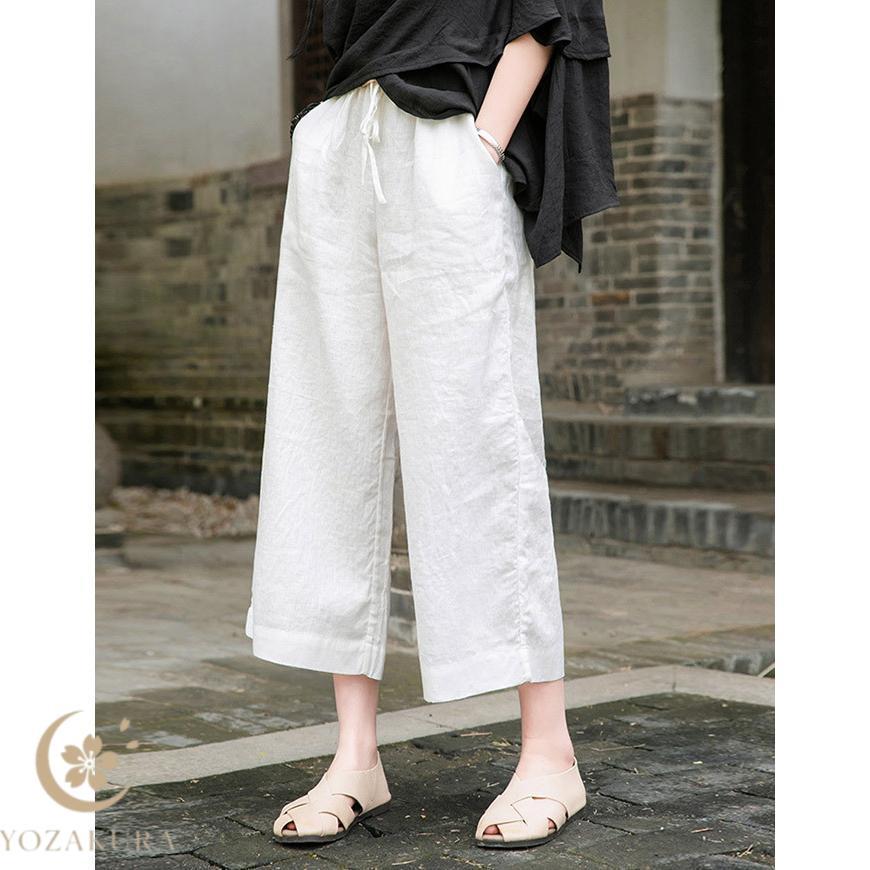 綿麻 ワイド ストレート クロップド パンツ レディース 春 夏 7分丈 8